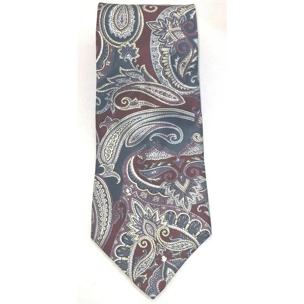 NOS Pierre Cardin Burgundy Blue & Gold Paisley Silk Neck Tie 56